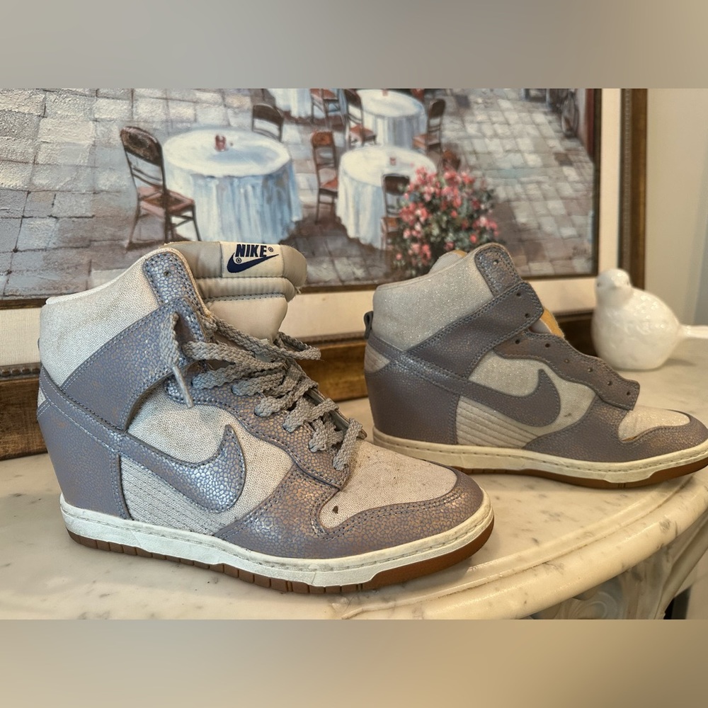Nike Dunk Sky Hi Essential Gray/Purple Sparkly Wedge Sneaker size 9